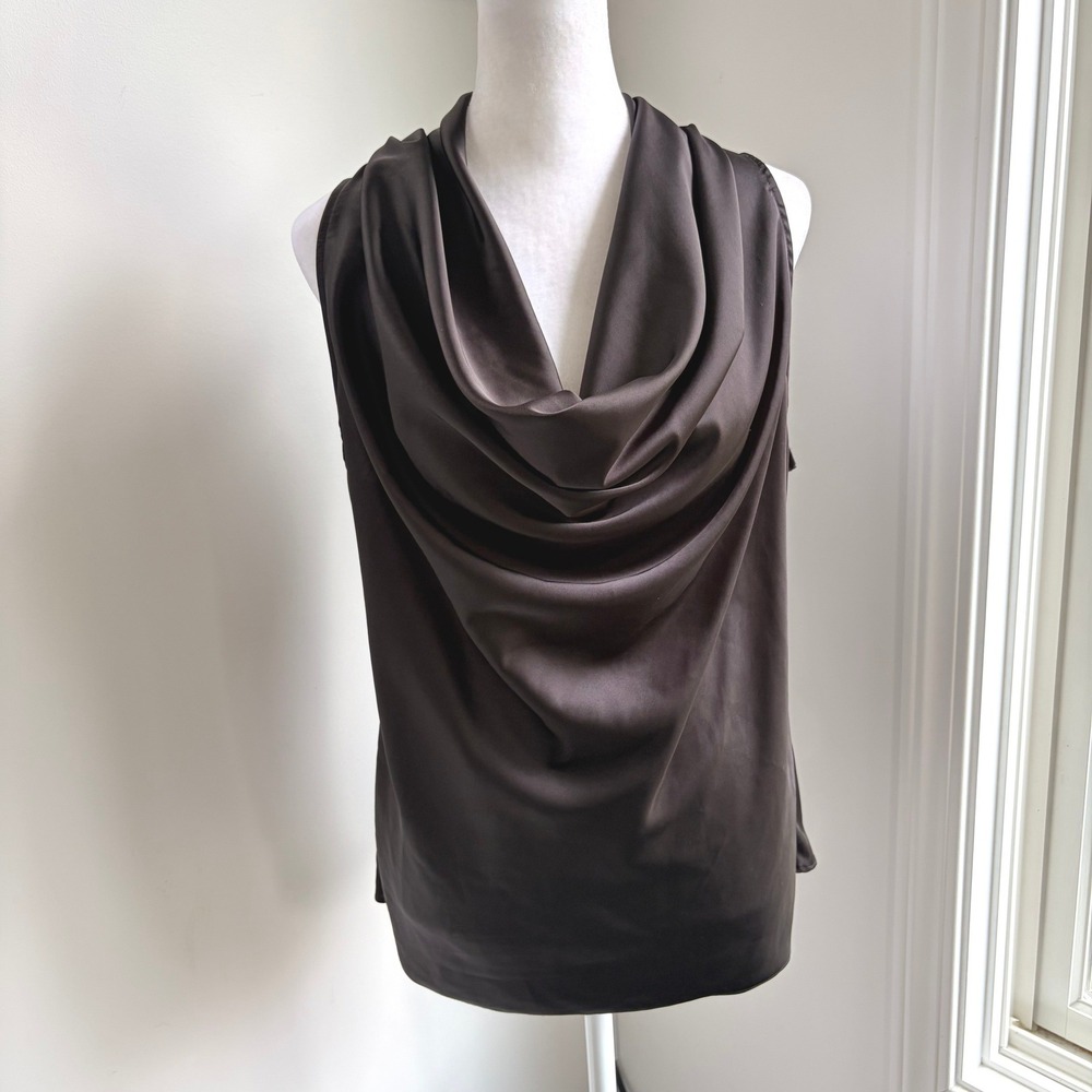 Boston Proper Cowl Neck Satin Small Top Elegant Black Sleeveless Blouse Drape